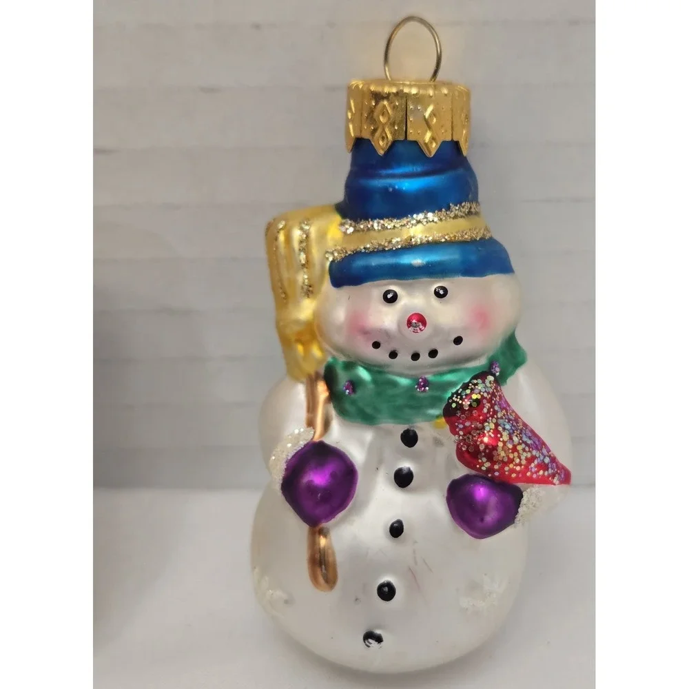 Lot/2 Vintage Unique Treasures Blown Glass Snowman Christmas Ornaments Glitter
